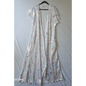Vintage White Abstract Floral Print Kimono Robe Butterfly Sleeve Ms. Elaine